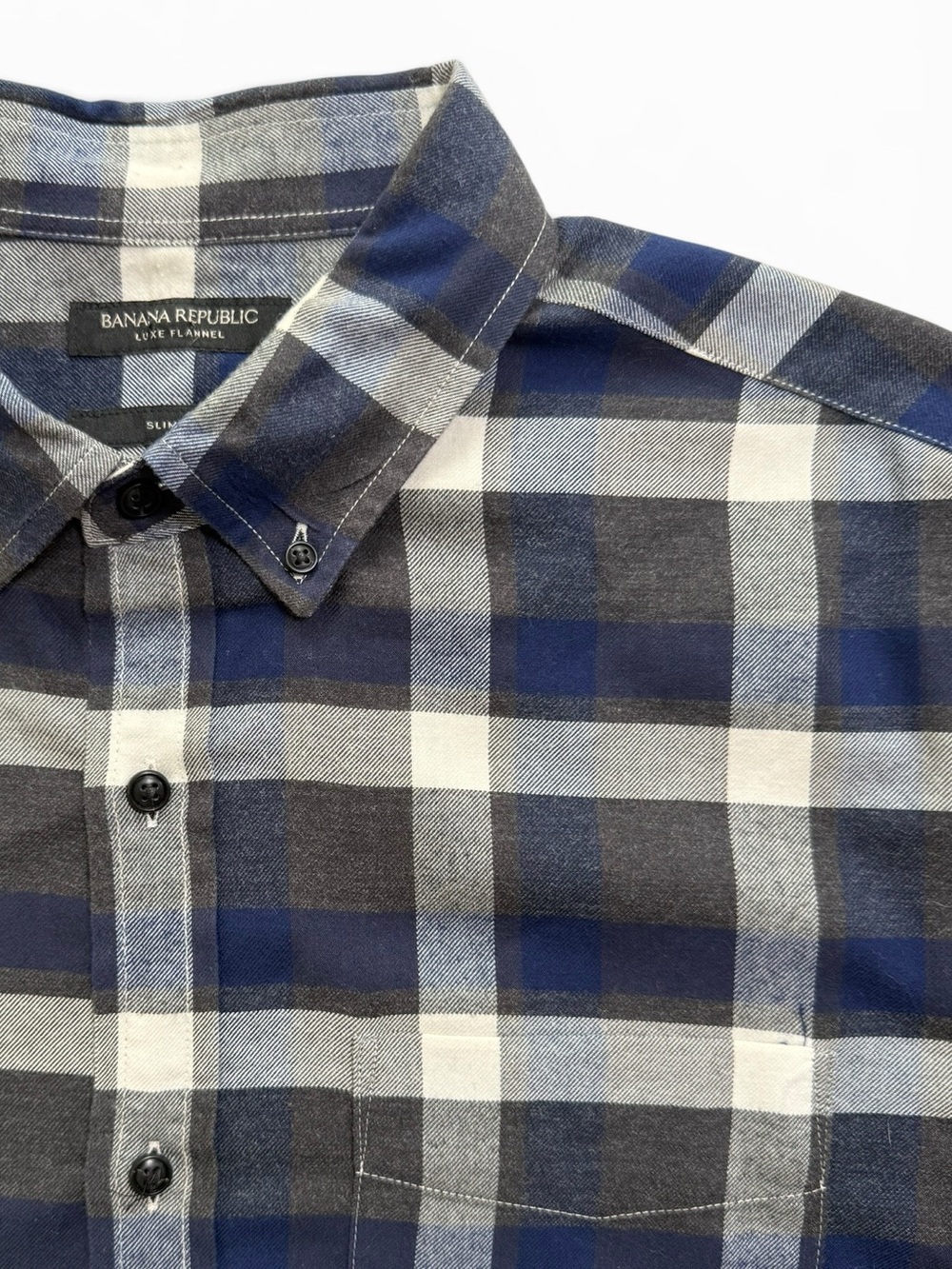 Banana Republic Slim Fit Blue Gray Plaid Luxe Flannel Shirt Men’s L